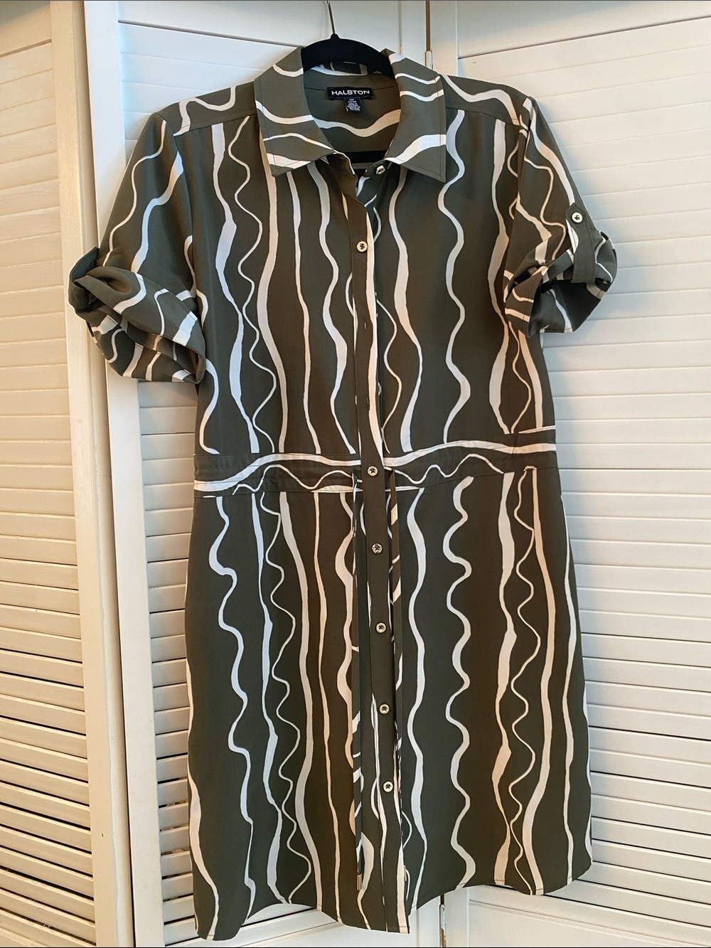 Halston Heritage Olive Green and White Wavy-Stripe Midi Shirt Dress